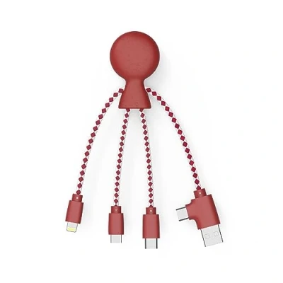 Abbildung von Xoopar Mr Bio Multi USB Kabel 4 in 1 Form eines roten Tintenfisches Universal Ladegerät aus recyceltem Kunststoff Stecker, C, Lightning, Micro für Smartphone