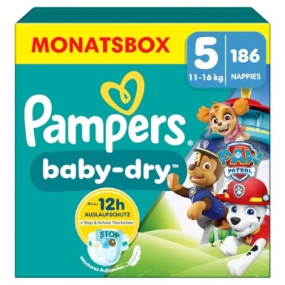 Abbildung von Pampers Baby Dry Paw Patrol Edition Größe 5, 186 Windeln, 11kg 16kg, Bis zu 100% Auslaufsicher &amp; Komfortable Nacht