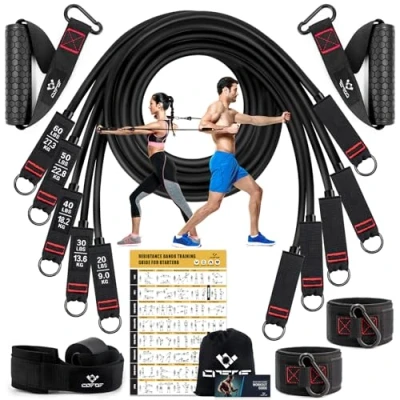Abbildung von Resistance Bands Widerstandsbänder Set, 5 Fitnessbänder Expander Tube Bands, Fitnessband mit Großem Griff Knöchelriemen Türankerbefestigung Tragtasche, Ideal für Pilates Krafttraining Physiotherapie