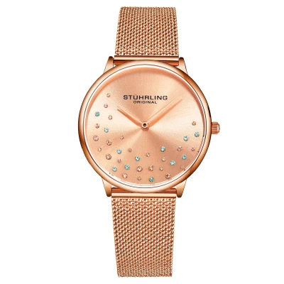 Abbildung von Stuhrling Original Damenuhr Krystal Analog Watch Dial, Edelstahlgewebe Armband 3928 Uhren für Damen Kollektion (Rose Gold)