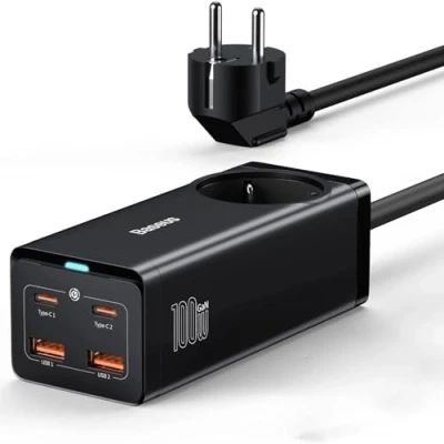 Abbildung von Baseus USB C Ladegerät 100W mit Steckdose, GaN3 PowerCombo Netzteil PD Mehrfach 1 AC + 4 Port, GaN Charger für MacBook Pro/Air, iPad Pro, iPhone 14 Pro/13/12, Galaxy S23, Steam Deck