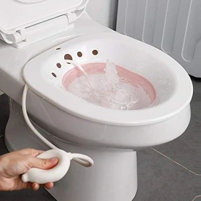 Abbildung von Sitzbad Bidet,Bidet Einsatz für Toilette Faltbar Bidetbecken Bidet Sitzbecken mit Flusher Sitzbäder Standard WC Vermeiden Hocken Personal Waschen Bowl (Weiß &amp; Pink)