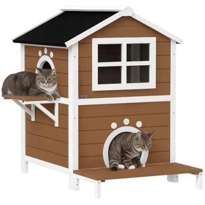 Abbildung von Katzenhaus aus Holz Katzenhöhle mit Fenster, Balkon für Indoor, Outdoor Braun