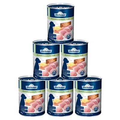 Abbildung von Dehner Premium Hundefutter Sensitive, Nassfutter zuckerfrei / getreidefrei, für ausgewachsene ernährugssensible Hunde, Huhn Kartoffel, 6 x 400 g Dose (2.4 kg)