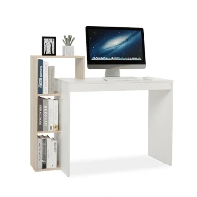 Abbildung von Mondeer Kleiner Schreibtisch, Moderner Computertisch mit 3 stöckiges Regal, Platzsparend, 110 x 40 92 cm, Geeignet für Heimbüro Arbeitszimmer Platz, Weiß und Eichefarben