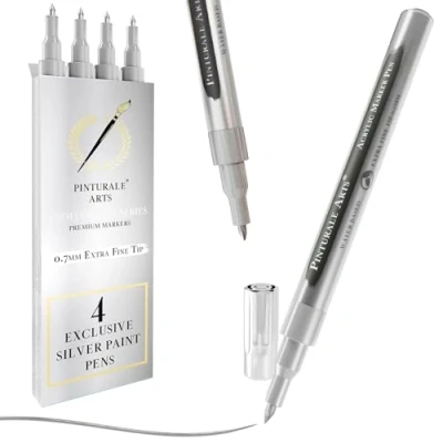 Abbildung von Pinturale Arts Set 4 Acrylstifte Silber Silberstift Metallic Dünn Feine Spitze 0,7mm Für Holz, Glas, Steine, Keramik, Metall