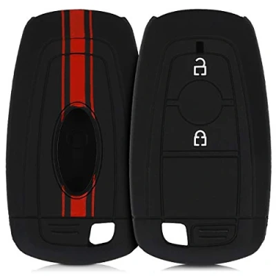Abbildung von kwmobile Autoschlüssel Hülle kompatibel mit Ford 2 Tasten Keyless Go Schlüsselhülle Rallystreifen Sidelines Rot Schwarz