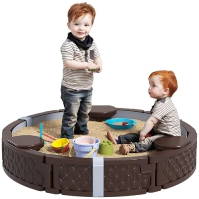 Abbildung von AIYAPLAY Sandkasten Runde Sandkiste für bis zu 3 Kinder, (mit Sitzen, wasserfeste Unterlage, 1 tlg., 300 kg Sand), Garten, Kunststoff, Dunkelbraun