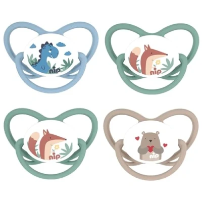 Abbildung von NIP Spar Set Silikon Schnuller Butterfly 4er Pack, Größe 1 (0 6 Monate) beige/blau/grün, Extra flaches und weiches Saugteil aus Silikon, Kiefergerecht Stillfreundlich, ab Geburt