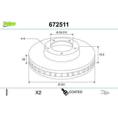 Abbildung von VALEO Bremsscheibe FIAT: BRAVO 2, Stilo Schrägheck, Multi Wagon, ALFA ROMEO: MiTo, LANCIA: DELTA 3 672511 Bremsscheiben, Scheibenbremsen