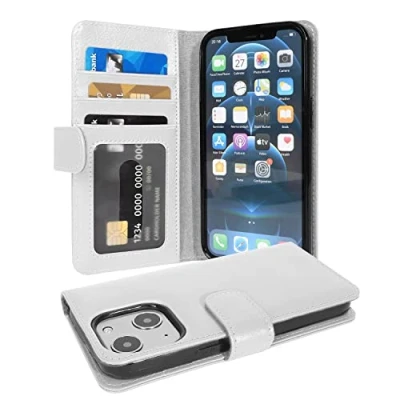 Abbildung von Cadorabo Hülle kompatibel mit Apple iPhone 13 Mini aus Premium Kunst Leder Flip Klappbare Stoßfeste Magnetische [Standfunktion] [Kartenfächern] Cover für Tasche in Weiß