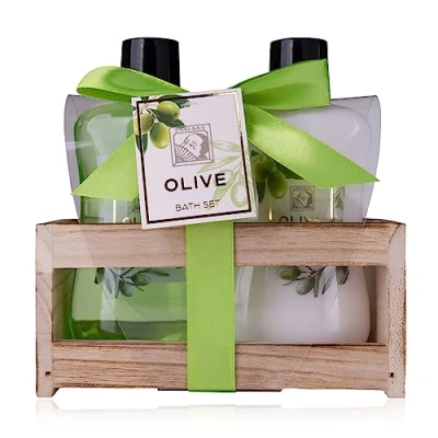 Abbildung von Accentra Duschset Frauen Geschenkset OLIVE in schöner Holzbox 2 teiliges Pflegeset mit Duschgel und Bodylotion Wellness Geschenk Set zum Geburtstag, Valentinstag &amp; Weihnachten