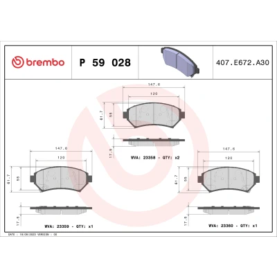 Abbildung von BREMBO P 59 028 Bremsbelagsatz mit akustischer Verschleißwarnung ohne Zubehör CADILLAC: Seville V, CHEVROLET: Trans Sport, OPEL: Sintra
