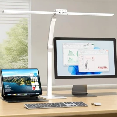 Abbildung von KableRika Schreibtischlampe LED Doppelkopf: 24W Dimmbar Schreibtischleuchte mit Metallbasis Augenschutz büro tischlampe für Homeoffice moderne tageslichtlampe beleuchtung Monitor Weiß
