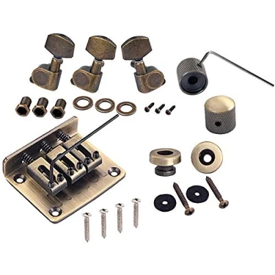 Abbildung von Alnicov Kombi Kits, Bronze, Sattelbrücke, Stimmwirbel, Kontrollknöpfe, Gurtschlösser, Schraubenschlüssel, Unterlegscheiben für 3 saitige Zigarrenbox Gitarre
