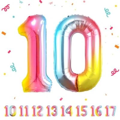 Abbildung von 10 Geburtstag Deko zahlen luftballon jahre Folienballon Regenbogen für 10. Geburtstagsdeko Männer Frauen Ballon Zahl zum fliegt mit Helium 10.Geburtstagsparty 40&quot; 101cm