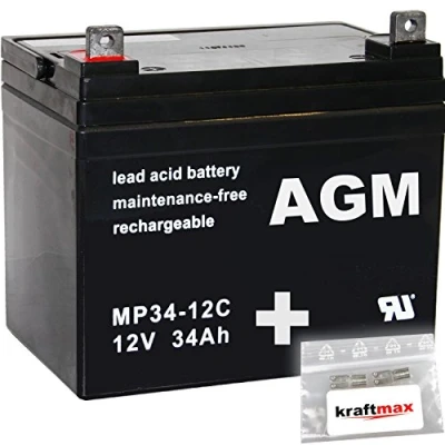 Abbildung von kraftmax 1x AGM 12V / 34Ah Blei Akku MP34 12C [ M6 Bolzen inkl. Schraube und Mutter ] Zyklenfest 2X Original Anschluß Adapter