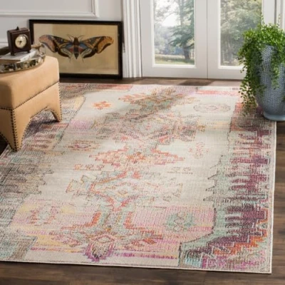 Abbildung von SAFAVIEH Boho Teppich für Wohnzimmer, Esszimmer, Schlafzimmer Crystal Collection, Kurzer Flor, Hellgrau und Lila, 122 X 183 cm
