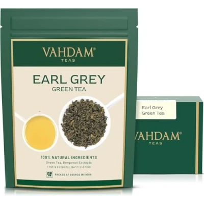 Abbildung von VAHDAM, Earl Grey Green Tea (100g) Aromatisch &amp; Köstlich, Premium Grüner Tee aus Darjeeling, Gemischt mit Natürlichem Bergamotte Extrakt Direkt Von Der Quelle In Indien Aufbrühen Heißen/Eistee