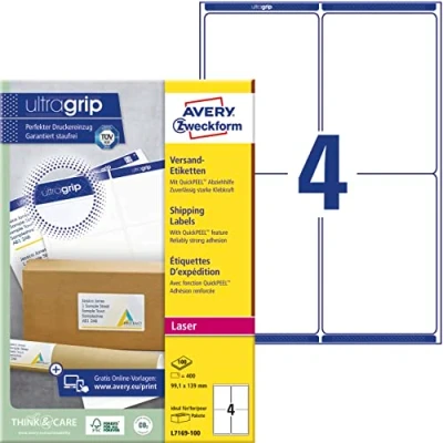 Abbildung von AVERY Zweckform L7169 100 Versandetiketten/Versandaufkleber (400 Etiketten mit ultragrip, 99,1x139mm auf A4, bedruckbar, selbstklebend, für mittlere, große Pakete und Versandrollen) Blatt, weiß