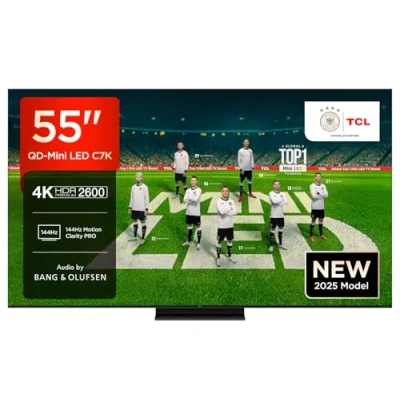 Abbildung von TCL 55C7K 55 Zoll QD Mini LED Fernseher, 4K HDR Premium 2600, Smart Google TV mit 144Hz Motion Clarity Pro (Dolby Vision IQ &amp; Atmos, CrystGlow HVA Panel, Audio von Bang Olufsen, Game Master)