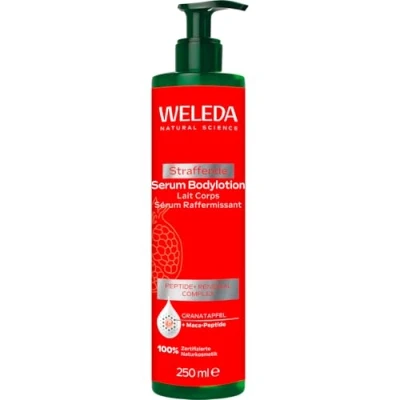 Abbildung von WELEDA Bio Straffende Serum Bodylotion Naturkosmetik Granatapfel Körperpflege Lotion mit Sheabutter strafft die Haut. Natürliche Körperlotion für strahlend glatte Haut (vegan, 250ml)