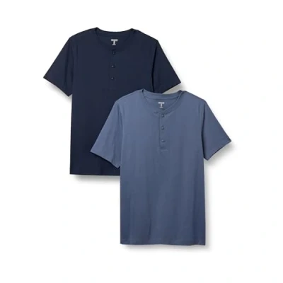 Abbildung von Amazon Essentials Herren Kurzärmliges Henley T Shirt aus Baumwolle mit normaler Passform, 2er Pack, Jeans/Marineblau, XS