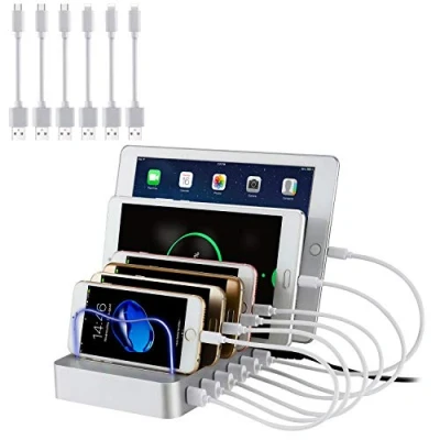 Abbildung von PRITEK USB Ladestation für Mehrere Geräte 6 Port Multi Handy Ladegerät Dock &amp; Organizer Smartphone Tablet MP4 und andere fähige Kurze Kabel Inkl. (Silber)
