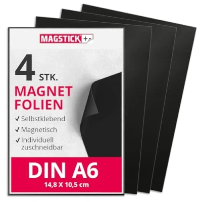 Abbildung von Magstick Magnetfolie 4 Stück I DIN A6 flexibel selbstklebend zuschneidbar magnetisch beklebbar zum Basteln ordnen Stanzen Aufbewahrung Magnetbogen Fotomagnet mag064