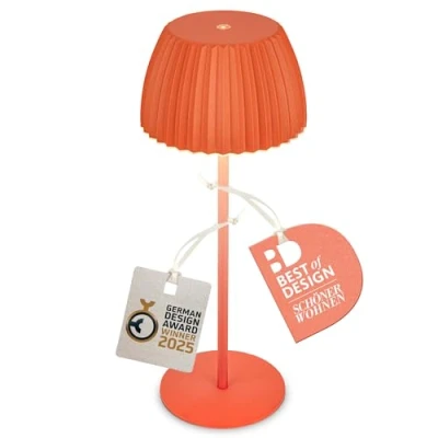 Abbildung von BRILONER Riffle LED Tischlampe kabellos IP44 mit Lichtkante, Touchdimmer, Akku tauschbar, Nachttischlampe, Leselampe, Lampe, German Design Award Winner 2025, 14,5x36,5 cm, Orange