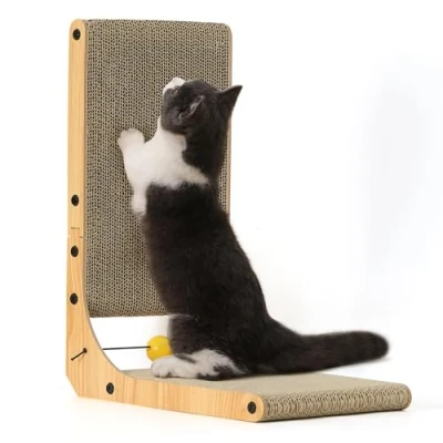 Abbildung von FUKUMARU Kratzbrett Katzen, 48 cm hohe L förmige Kratzpappe für widerstandsfähig Katzenkratzbrett mit Ballspielzeug, Katzen Kratzmöbel aus hochwertiger Karton Wand und Ecke, Mittlere Größe