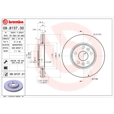 Abbildung von BREMBO COATED DISC LINE 09.8137.31 Bremsscheibe 280 24 5 innenbelüftet beschichtet hochgekohlt mit Schrauben RENAULT: Kangoo II / Grand