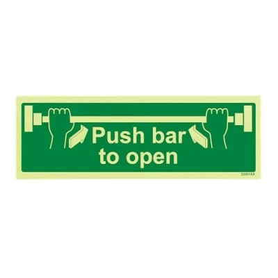 Abbildung von VSafety englisches Türschild „Push Bar To Open“, Leuchtet im Dunkeln, 300 x 200 mm, fester Kunststoff