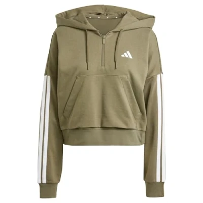 Abbildung von adidas Sportswear Essentials 3 Stripes Quarter ZIP Kapuzenpullover Olive strata white, Damen, Größe: Small, white