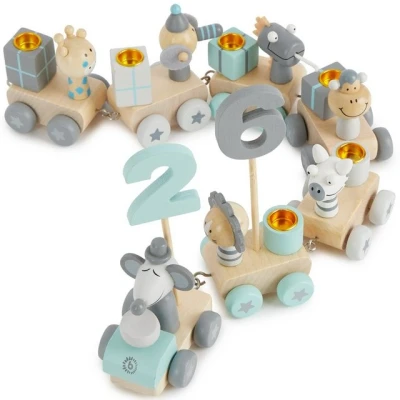 Abbildung von Bieco Kerzenhalter Holz Geburtstagszug Scandi Look 0 99 Jahre Zahlenzug 31 tlg., Länge ca. 48 cm Kerzen Eisenbahn Kinder Geburtstagskerzen Zahlen Zug