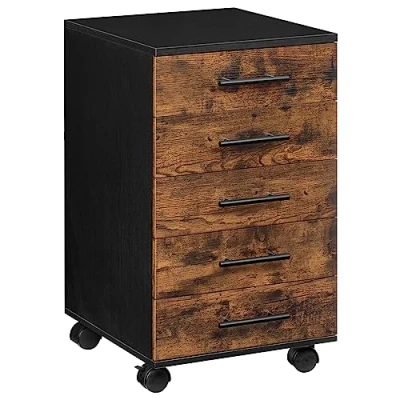 Abbildung von HOOBRO Aktenschrank, Rollcontainer mit 5 Schubladen, Holz Büroschrank, Kommode Aufbewahrungsschrank, Industrie Stil Einfache Montage Rustikal, Dunkelbraun und Schwarz EBF05WJ01G1