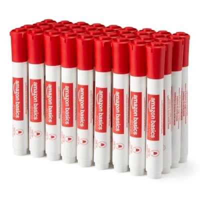 Abbildung von Amazon Basics Whiteboard Marker, geruchsarm, trocken abwischbar, feine Spitze, Rot, 36 Stück