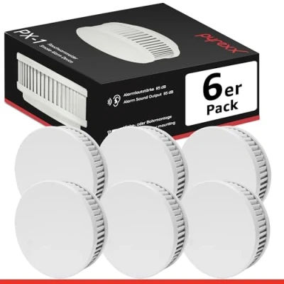 Abbildung von Pyrexx PX 1 Rauchwarnmelder 6 Stück 10 Jahre Batterie mit Magnet Halterung ohne Bohren und LED Blinken, Zertifiziert nach Q Label, Weiß