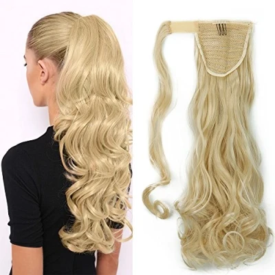 Abbildung von SEGO Ponytail Clip in Pferdeschwanz Extension Haarteil Haarverlängerung Zopf Hair Piece gewellt Wavy wie Echthaar Gebleichtes Blond 17&quot;(43cm) 90g