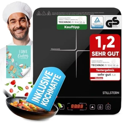Abbildung von Stillstern Doppel Induktionskochplatte Induktionskochfeld, Schnelles Aufkochen + Temperatureinstellung, 2100W, 24h. Timer, Lautlos Funktion, Glaskeramik