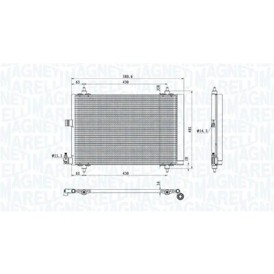 Abbildung von MAGNETI MARELLI 350203908000 Klimakondensator mit Trockner 421x398x16 398 421 16 PEUGEOT: 406 Limousine, 607 CITROËN: Xsara Kombi