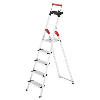 Abbildung von Hailo Trittleiter L85 ComfortLine Alu Haushaltsleiter, 5 Stufen Haltebügel ausziehbar, XXL Stufen, Rutschsicherer Steckfuß