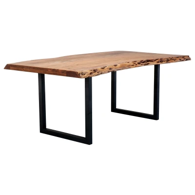 Abbildung von Massivart® Baumkantentisch TICO / Massivholz Akazienholz 55 mm Tischplatte, Standbeine Kufengestell Metall schwarz lackiert Industrial Look