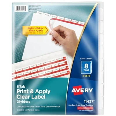 Abbildung von Avery 8 Registerkarten für 3 Ringordner, einfaches Drucken und Anbringen transparenter Etikettenstreifen, Indexmacher, anpassbare weiße Register, 5 Sets (11437)