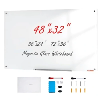 Abbildung von VEVOR Magnetisches Glas Whiteboard, Wandtafel Trocken Abwischbare Tafel 120 x 80 cm, Wandmontiertes Weißes Glasboard ohne Rahmen, mit Stiftablage, einem Radiergummi&amp; 2 Stiften, Magnettafel Weiß