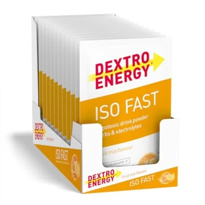 Abbildung von DEXTRO ENERGY ISO FAST FRUIT MIX (12x56g Sachets) Hypotones Elektrolyt Pulver mit Natrium, Magnesium, Kalium und Chlorid, schnelle Kohlenhydrat Mineralstoff Versorgung, Glutenfrei, Laktosefrei
