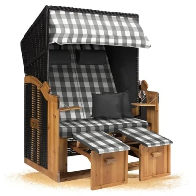 Abbildung von Strandkorb Hanse Ostsee XXL Volllieger Anthrazit 2 Sitzer 120cm breit, ideal für Garten, Terrasse und Balkon (Grau Weiß Kariert, Montiert)