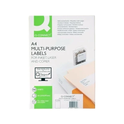 Abbildung von Q Connect Etiketten Selbstklebend / 210 x 297 mm 100 Blatt A4 Weiß/Adressaufkleber Bedruckbar Adressetiketten Aufkleber Universal Klebeetiketten Haushaltsetiketten