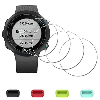 Abbildung von iDaPro Displayschutz Schutzfolie für Garmin Swim 2 GPS Schwimmen Smartwatch + 4 teiliger Ladeanschlussschutz 9H Härte Gehärtetes Glas Displayschutzfolie Einfache Installation [4 Stück]
