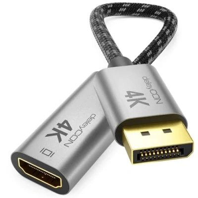 Abbildung von deleyCON 4K DisplayPort auf HDMI Adapter 1080P WQHD@60Hz // 4K@30Hz Aluminium Stecker Nylonkabel zu Buchse PC Laptop Monitor Schwarz